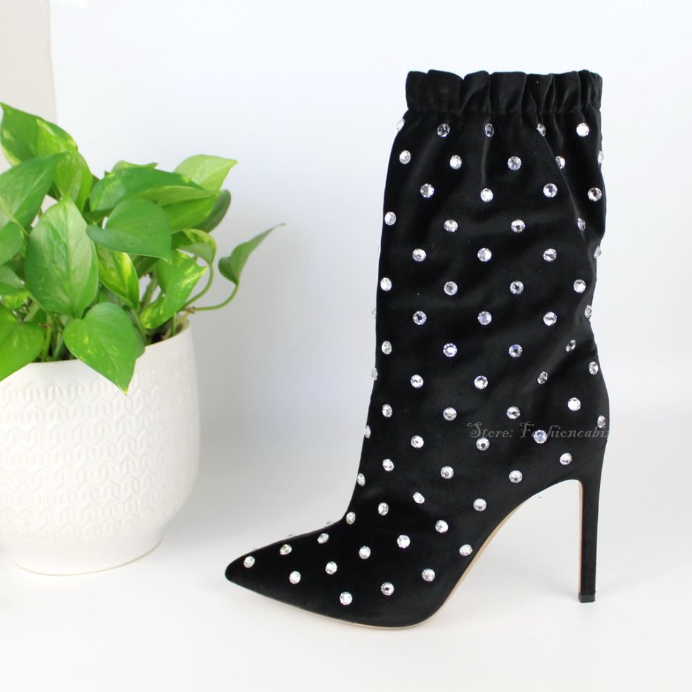 NEW Valentino Garavani Black Crystal Jeweled Velvet Heeled Ankle Boots EU 37